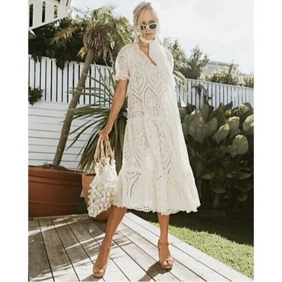 NEW SPELL & THE GYPSY COLLECTIVE Sz XS FAIRYTALE ANGLAISE GOWN EYELET MIDI DRESS - Picture 3 of 10